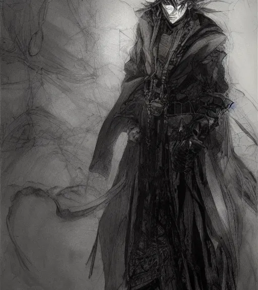 Image similar to portrait of anime man with long dark hair wearing a dark robe, pen and ink, intricate line drawings, by craig mullins, ruan jia, kentaro miura, greg rutkowski, loundraw