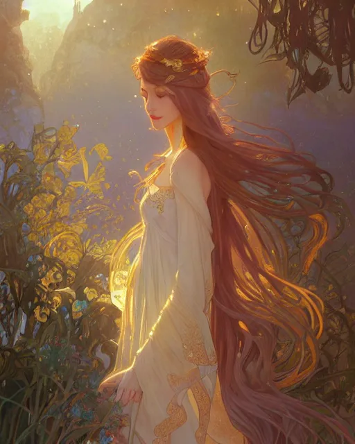 Image similar to secret romance, highly detailed, gold filigree, romantic storybook fantasy, soft cinematic lighting, award, disney concept art watercolor illustration by mandy jurgens and alphonse mucha and alena aenami, pastel color palette, featured on artstation