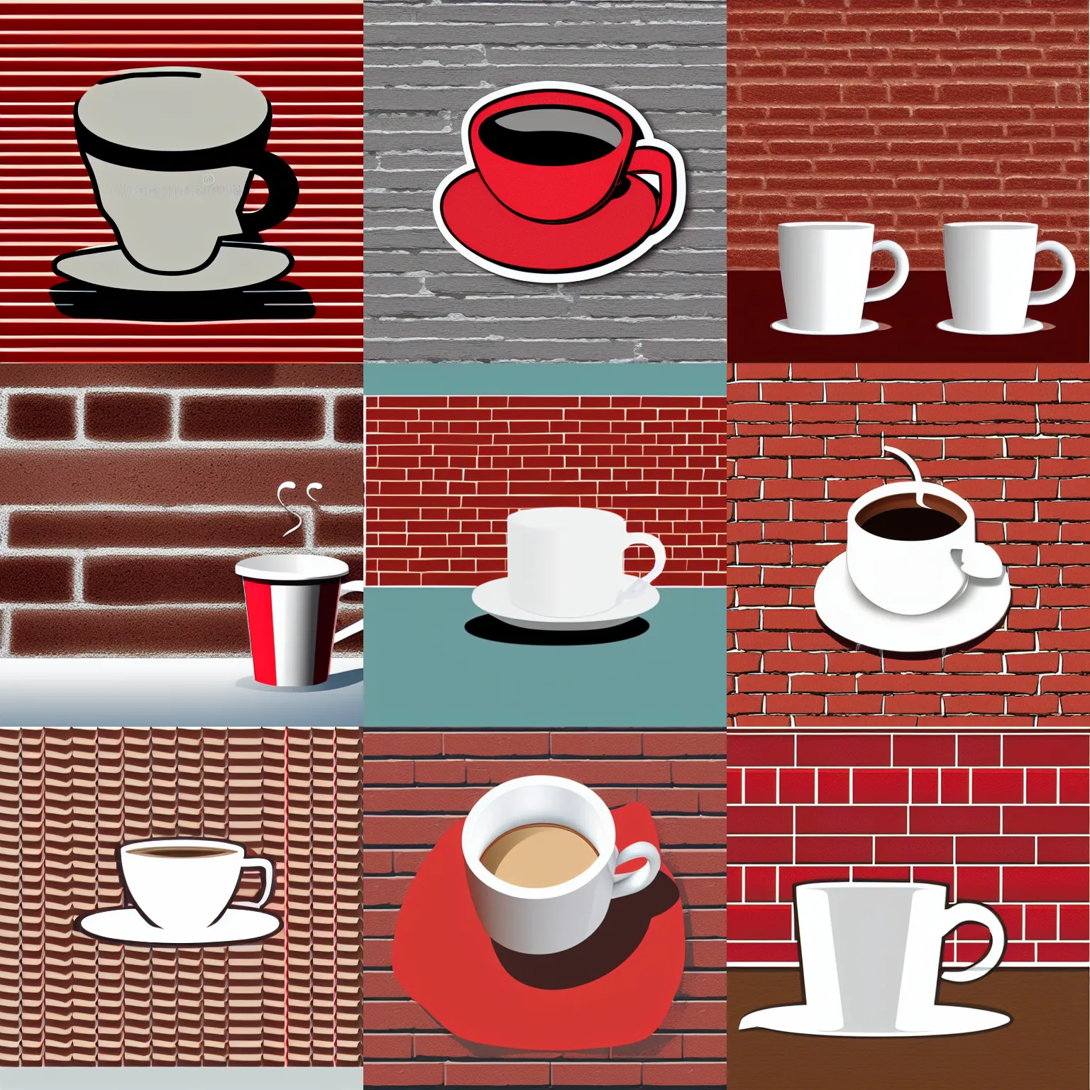 Prompt: die cut sticker with a white border, coffee cup, red brick background, flat vector graphic