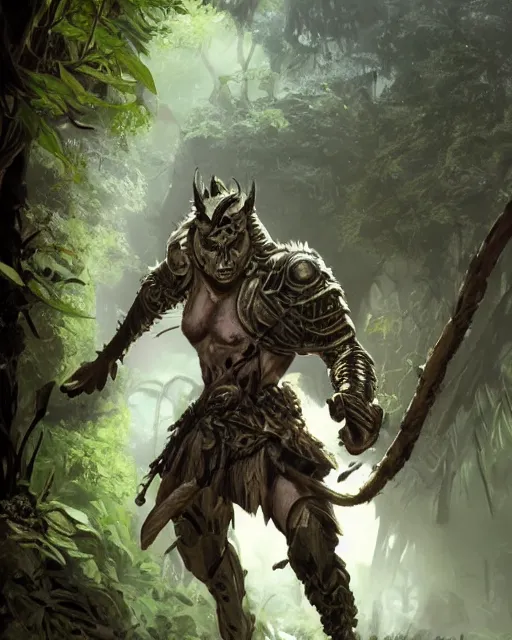 Image similar to Panther warrior in armor sneaking in jungle, portrait, magic the gathering artwork, D&D, fantasy, cinematic lighting, centered, symmetrical, highly detailed, digital painting, artstation, concept art, smooth, sharp focus, illustration, volumetric lighting, epic Composition, 8k, art by Akihiko Yoshida and Greg Rutkowski and Craig Mullins, oil painting, cgsociety