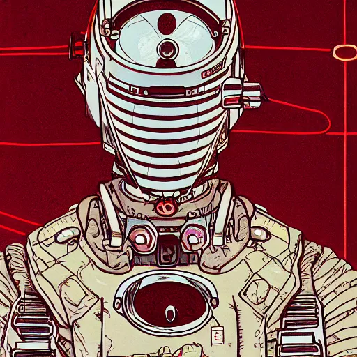 Image similar to cyberpunk japanese man with long limbs and a black spacesuit on a spacewalk, techwear, Industrial Scifi, detailed illustration, character portrait, by Martin Grip and Moebius