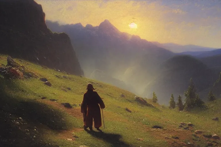 Image similar to a traveler wandering trough the mountains looking at the clouds, very detailed, oil painting, cinematic lighting, albert bierstadt, trending on artstation, colorful, canvas, sunset, hans dahl, theodor kittelsen, hermann hendrich