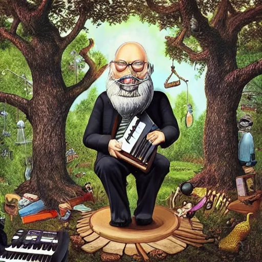 Image similar to old man white beard playing a synthesizer in a tree house, notes and clefs listening , lowbrow surrealistic, in the style of Mark Ryden,