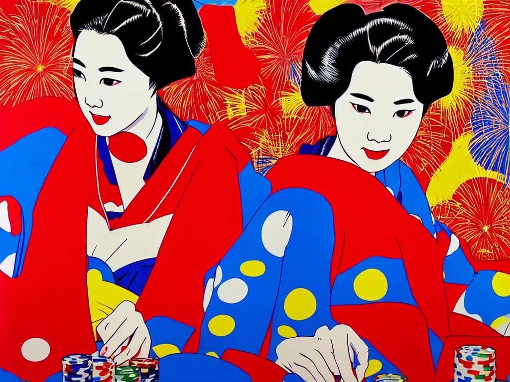 Image similar to hyperrealism composition of the detailed woman in a japanese kimono sitting at a poker table with superman, fireworks on the background, pop - art style, jacky tsai style, andy warhol style, acrylic on canvas