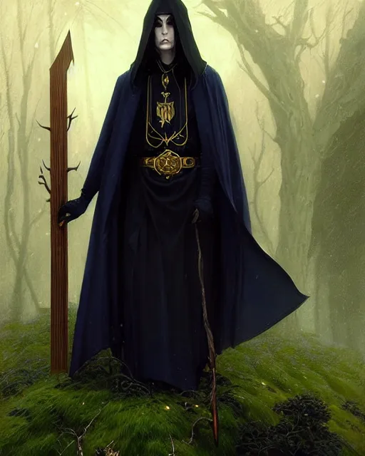 Prompt: handsome mage holding a tall stave, long black hair wearing gothic navy cloak with gold details, green plants, fantasy character portrait, ultra realistic, movie key visual, concept art, intricate details, highly detailed by greg rutkowski, ilya kuvshinov, gaston bussiere, craig mullins, simon bisley