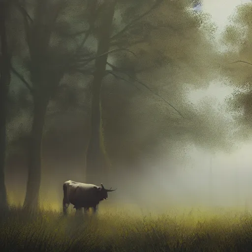 Image similar to Highly realistic painting of a cow standing in the middle of a dark forest, oak trees, fog, moody lighting, volumetric lighting