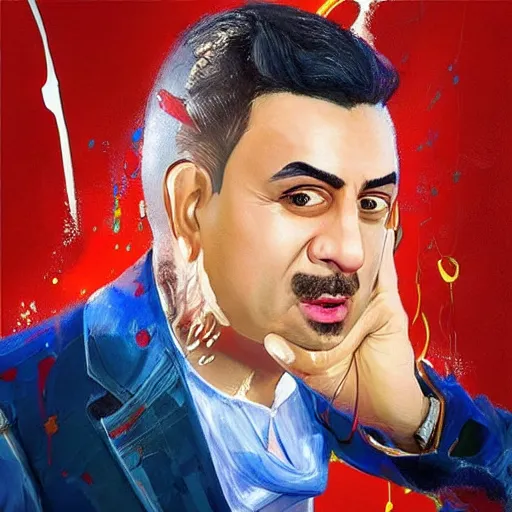 Prompt: “a stunning painting of cyber cem yilmaz turkish comedian is at the great theatre by concept art, digital art, marvel, comedy, ultra detailed, medium shot, Artstation HD, 8K Resolution”