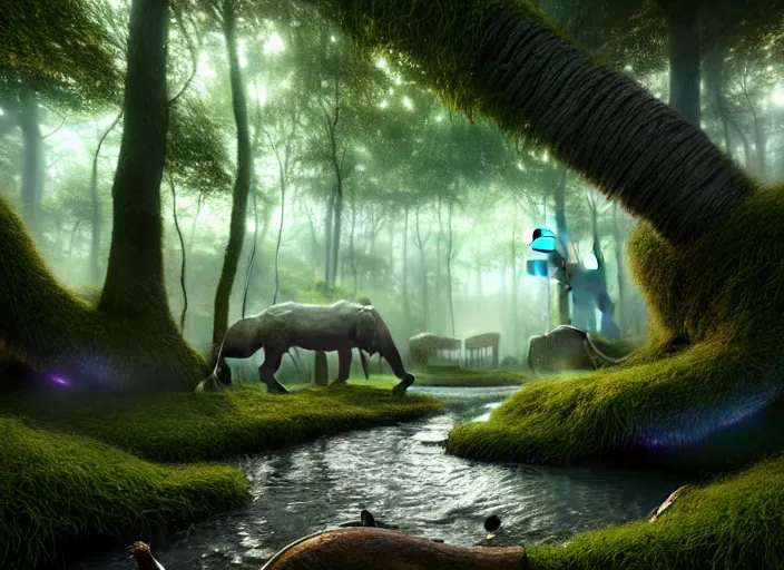 Prompt: hyperrealism, detailed textures, photorealistic 3 d render, a surreal mystical forest with a bright winding creek, a herd of wooly mammoths grazing, ultra realistic cinematic, intricate, cinematic light, concept art, illustration, art station, unreal engine