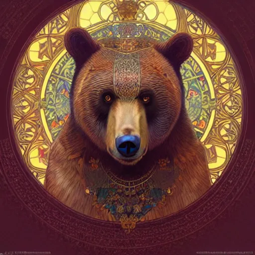 Prompt: a portrait of a female bear hybrid, upper half portrait, decorated with russian motifs, russian shaman, siberia, traditional russia, intricate, elegant, highly detailed, symmetry, headpiece, digital painting, artstation concept art smooth sharp focus, illustration, art by artgerm and greg rutkowski alphonse mucha 8 k