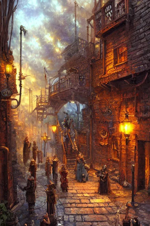 Prompt: oil painting steampunk alley with characters from Game of Thrones by James Gurney, Thomas Kinkade, Ralph Horsley vivid color