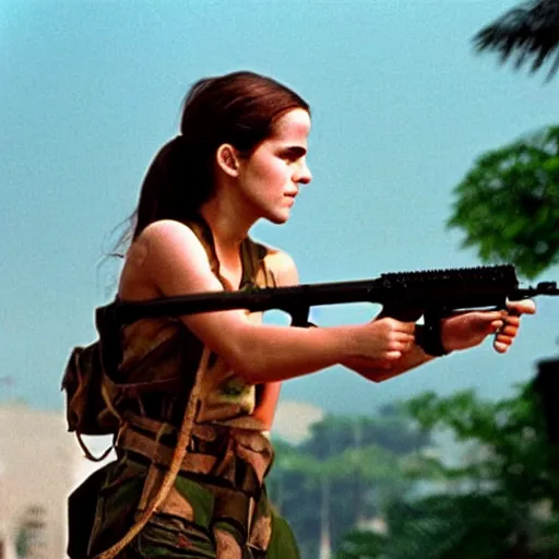 Image similar to film still, extreme far view, emma watson vietnam door gunner, film still from apocalypse now ( 1 9 7 9 ), 2 6 mm, kodak ektachrome, blue tint expired film,