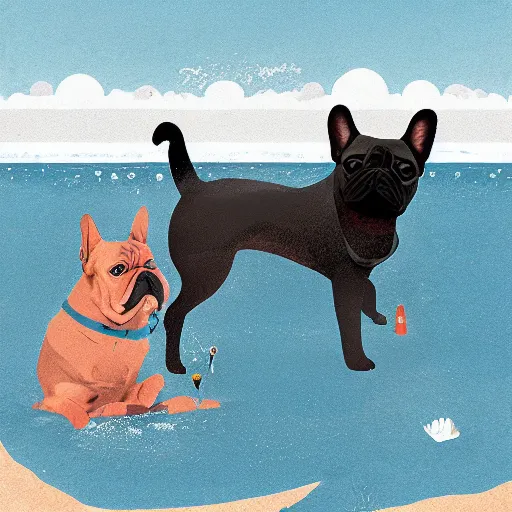 Prompt: black french bulldog playing on the water of the beach by pascale campion