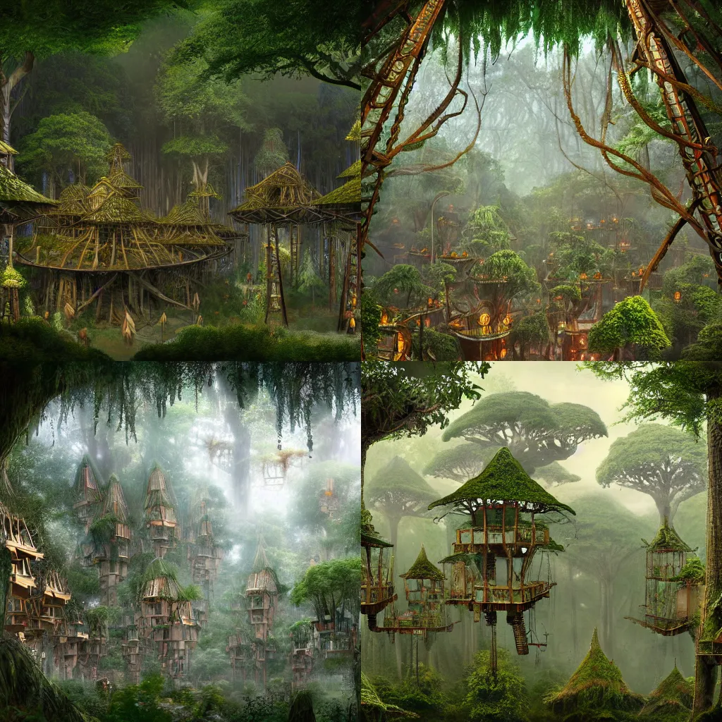 Prompt: treetop elf village made up of treehouses and connected by rope bridges. Elaborate fancy wood-carved decorations. Ground level view looking at the canopy. Mystical fantasy atmosphere. Lothlórien. Detailed matte painting trending in artstation