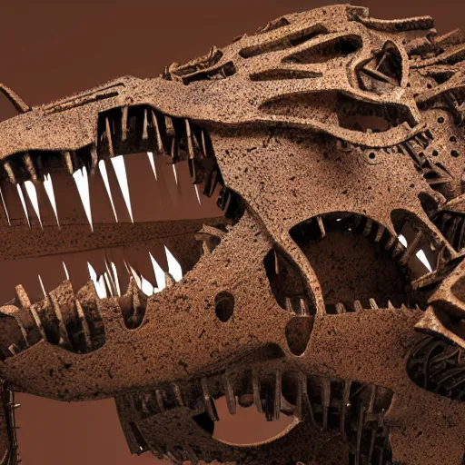 Image similar to a t-rex made of rusty gears, octane render, 3D