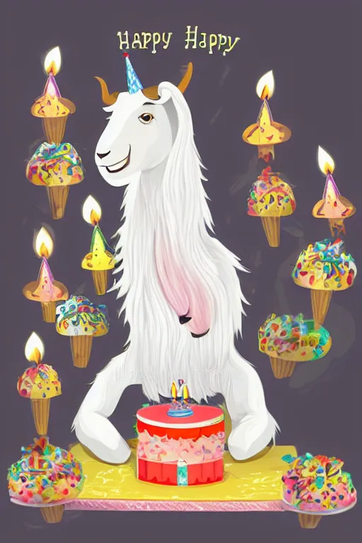 Prompt: a goat with a long white beard, sitting in front of a birthday cake with many lit candles, in the style of a children's book illustration, cute, highly detailed digital art