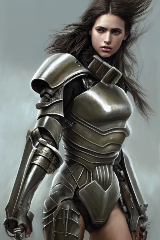 Image similar to a photorealistic painted portrait of an attractive young girl, partially clothed in dull metal-plated battle armor, olive skin, long dark hair, beautiful bone structure, symmetric facial features, perfect photorealistic eyes, natural physique, intricate, elegant, digital painting, concept art, finely detailed, beautifully illustrated, sharp focus, minimal artifacts, from Metal Gear, by Ruan Jia and Mandy Jurgens and Artgerm and William-Adolphe Bouguerea, in the style of Greg Rutkowski, trending on Artstation, award winning