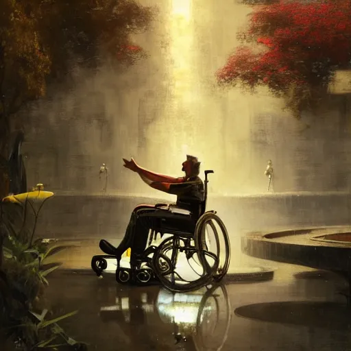 Prompt: handsome portrait of a wheelchair guy fitness posing, radiant light, caustics, war hero, smooth, one legged amputee, reflective water koi pond, ghost in the shell, lush garden surroundings, by gaston bussiere, bayard wu, greg rutkowski, giger, maxim verehin