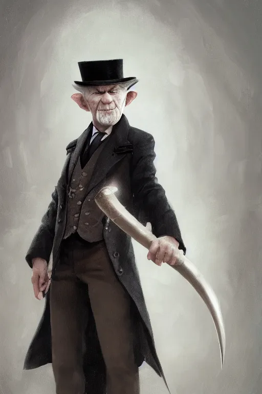 Prompt: A white hair old halfling without a beard wearing a top hat and suit by Greg Rutkowski, Sung Choi, Mitchell Mohrhauser, Maciej Kuciara, Johnson Ting, Maxim Verehin, Peter Konig, 8k photorealistic, cinematic lighting, HD, high details, dramatic, trending on artstation