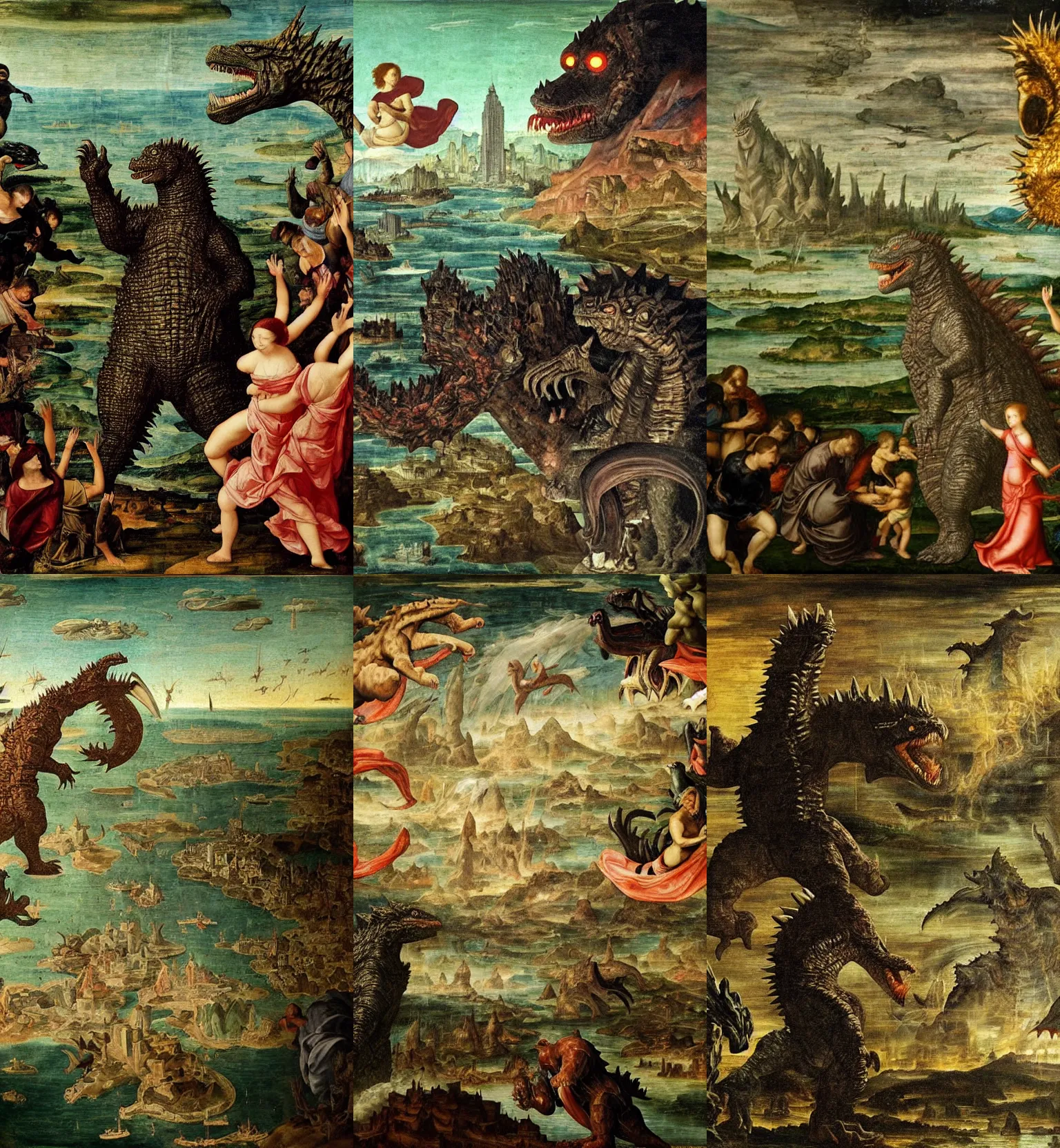 Prompt: godzilla in the background of a renaissance painting,