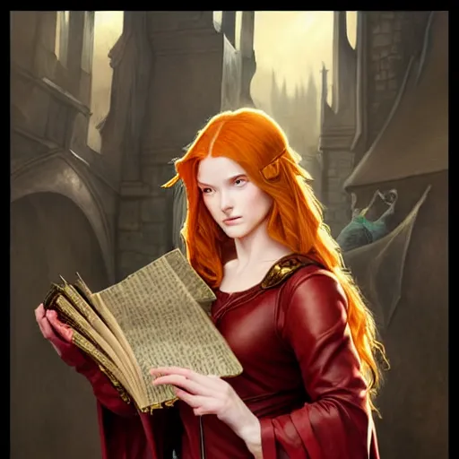 Image similar to an epic fantasy comic book style painting of a young red headed girl with a book in one arm meeting a young boy thief with blonde wearing plain brown leather thief clothes, d & d, fantasy, intricate, elegant, highly detailed, digital painting, artstation, concept art, matte, sharp focus, illustration, art by artgerm and greg rutkowski and alphonse mucha