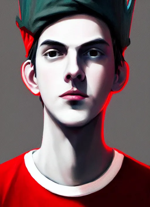 Prompt: portrait of teenage jughead jones wearing a light grey crown, photorealistic, crown made of fabric, grey crown with red and white pin badge, crown with pins, black hair, intricate, elegant, highly detailed, digital painting, glowing lights, artstation, concept art, smooth, sharp focus, illustration, art by wlop, mars ravelo and greg rutkowski