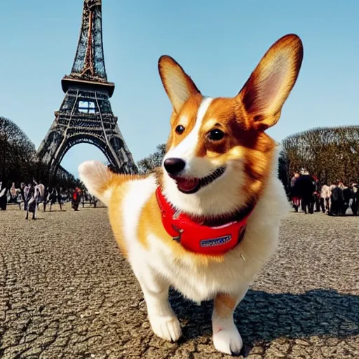 Prompt: corgi operating a helicopter flying over the Eiffel Tower, cute, realistic, happy, smiling