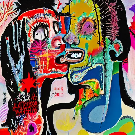 Image similar to acrylic painting of two bizarre psychedelic women kissing in japan in winter, speculative evolution, mixed media collage by basquiat and jackson pollock, maximalist magazine collage art, sapphic art, psychedelic illustration