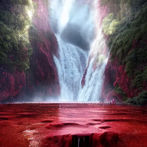 Prompt: landscape of a large waterfall flowing into an infinity pool in hell. intricate artwork. halo. octane render, cinematic, hyper realism, octane render, 8k, bokeh, demonic, dark, devil, demons, mist, red illuminating fog, rocks, red and black colour scheme.