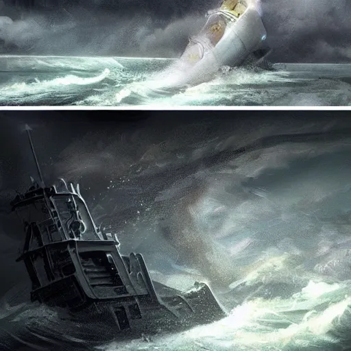 Image similar to concept art of the submarine Nautilus fighting against the giant squid during a storm in the sea, thunders and rain in background, 2d, dark, omnious, stormy, emotive, ornated, accurate, elaborate, illustration, digital art, concept art, trending on Art Station, art by Oliver Beck and 黄彦捷,