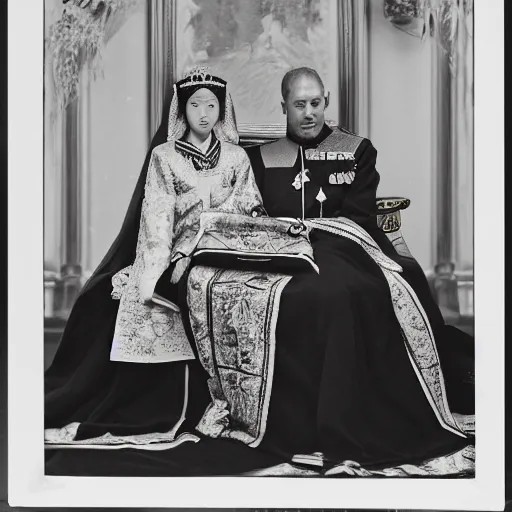 Image similar to A medium wide shot, colored black and white Russian and Japanese mix historical fantasy photographic portrait of a Royal wedding of the empress and emperor curtsying to the Priestess and Priest, golden hour, warm lighting, 1907 photo from the official wedding photographer for the royal wedding. cinema, hyper realistic, ultra realistic, photorealistic, facial actuary.