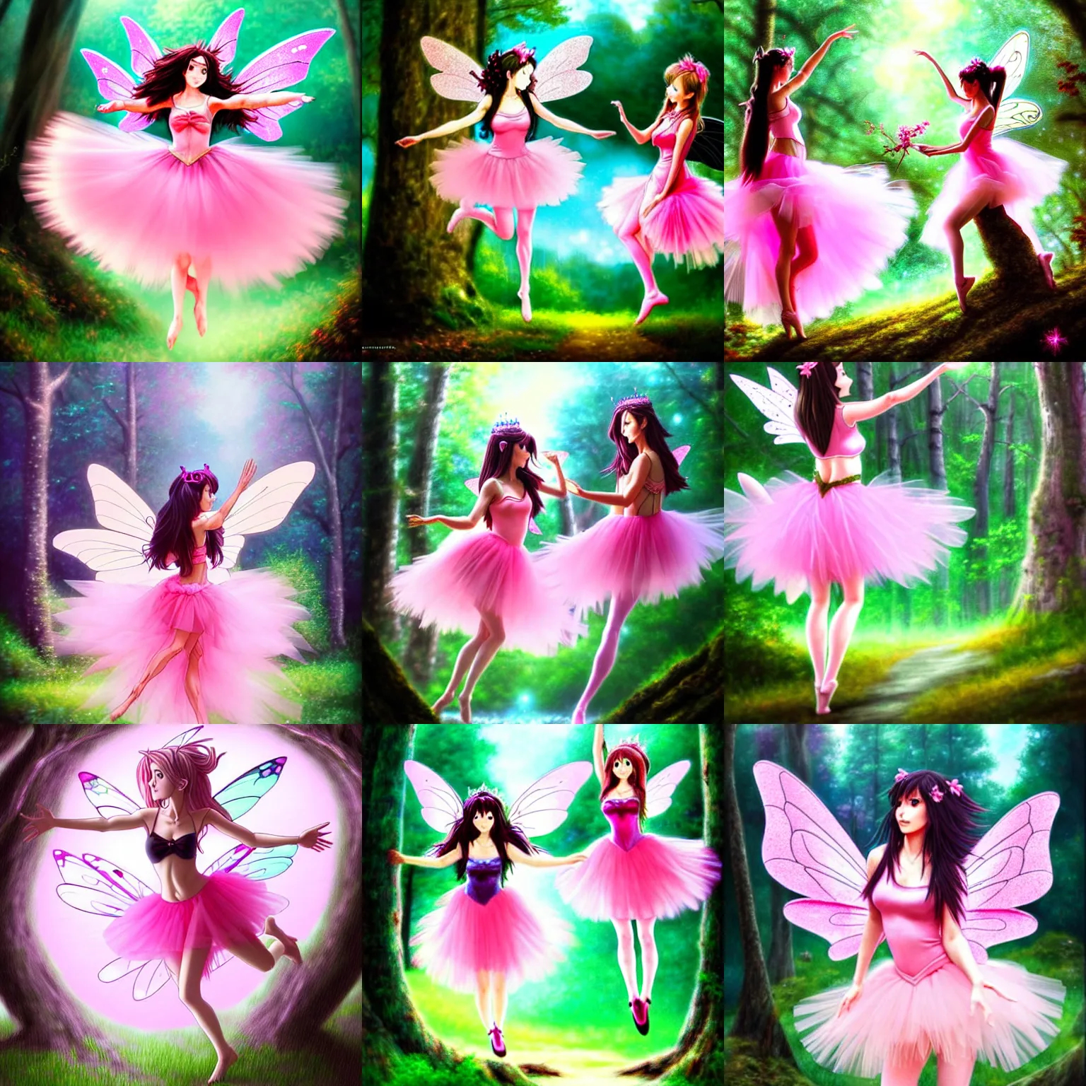 Prompt: two brunette fairy women wearing pink romantic tutus flying around a forest, fantasy art, highly detailed, sharp focus, elegant, beautiful, amazing, astonishing, marvelous, incredible, trending on pixiv, anime