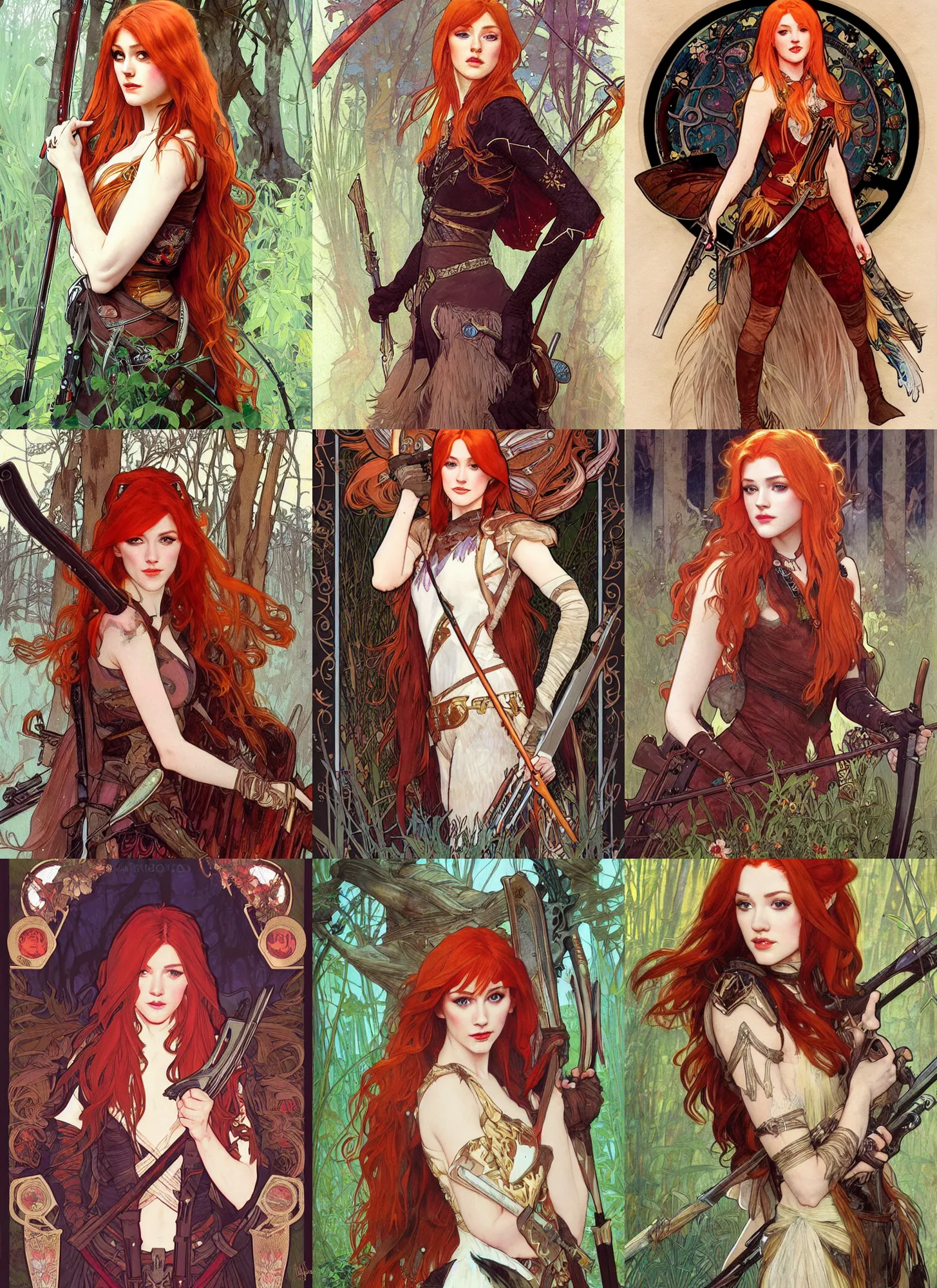 Prompt: full portrait of katherine mcnamara as a hunter, fairy, red hair, pale skin, pelt armor, extremely detailed, digital illustration, by rossdraws, alphonse mucha, frank fanzzeta, collectible card art