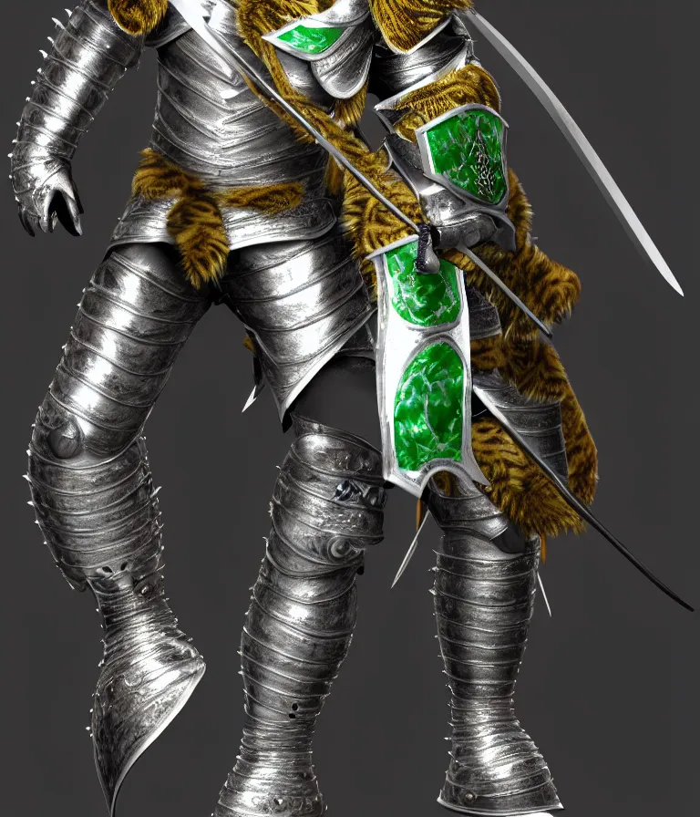 Image similar to 8 k ultrarealistic character concept of a tiger knight in silver armor and jade leather