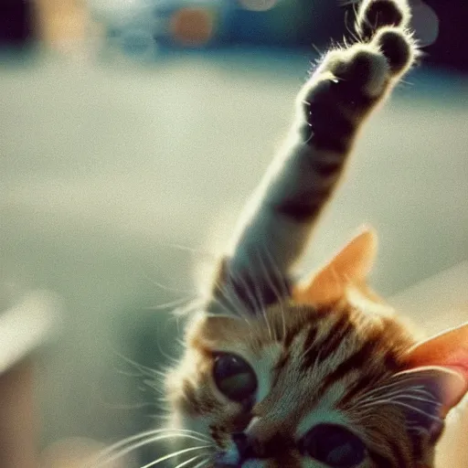 Prompt: a photo of a cute cat waving hi 3 5 mm film