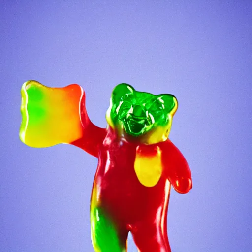 Image similar to a gummy bear dancing, 4 k, photorealistic