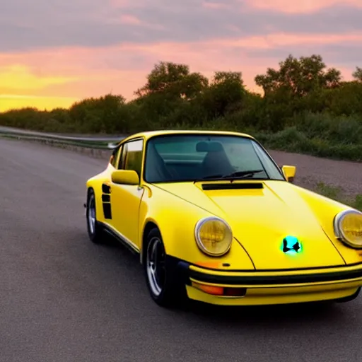 Image similar to an attractive young women driving a yellow 1 9 8 5 porsche 9 1 1 turbo, sunset, 4 k