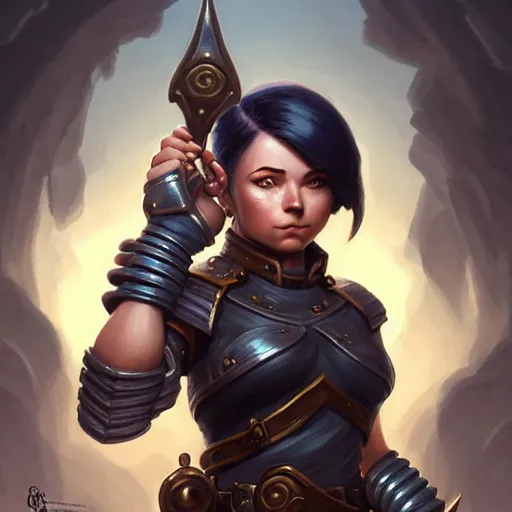 Prompt: muscular female gnome engineer artificer, iron gauntlets, short black hair, naval landscape, full body portrait, d & d, fantasy, intricate, elegant, highly detailed, digital painting, artstation, centred, rule of thirds, concept art, sharp focus, illustration, cover by artgerm, art by greg rutkowski