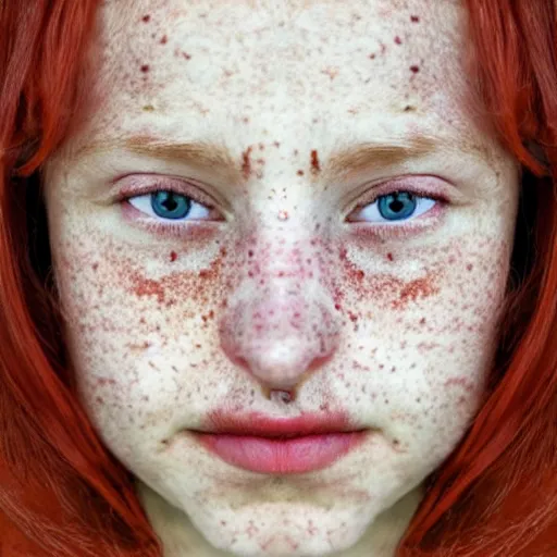 Prompt: A Swiss French Red Haired Girl With Freckles :: Symmetrical Portrait