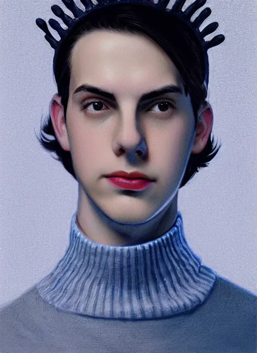 Image similar to portrait of teenage jughead jones wearing a light grey crown, crown, blue turtleneck, 1 9 5 0 s, closed eyes, photorealistic, black hair, glowing lighting, intricate, elegant, glowing lights, highly detailed, digital painting, artstation, concept art, smooth, sharp focus, illustration, art by wlop, mars ravelo and greg rutkowski