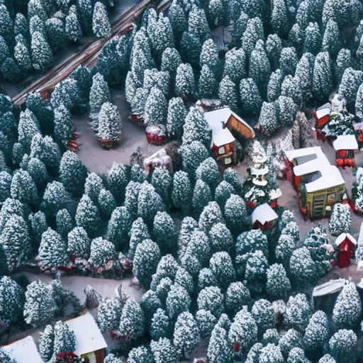 Image similar to orthographic aerial view of a christmas themed town, snow, pine trees, happy, cute, high detail, 8 k,