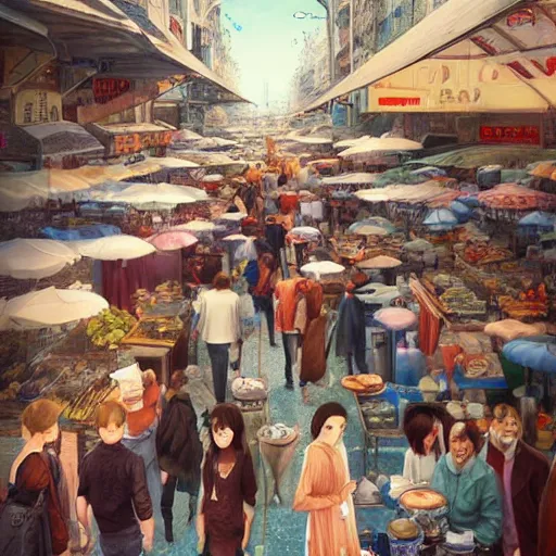 Image similar to flea market in istanbul in the future, by miho hirano, ross tran and ilya kuvshinov, realistic, detailed, beautiful fantasy detailed trending on artstation, oil painting, dramatic lighting, eterea, high quality print, fine art with subtle redshift rendering