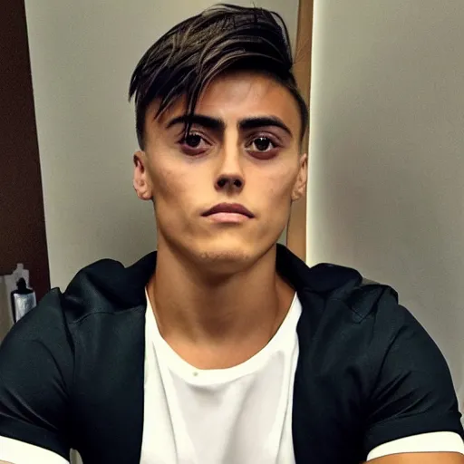 Image similar to a realistic detailed photo of a guy who is an attractive humanoid who is half robot and half humanoid, who is a male android, soccer player paulo dybala, shiny skin, posing like a statue, blank stare, in a living room, on display, showing off his muscles, with a twin