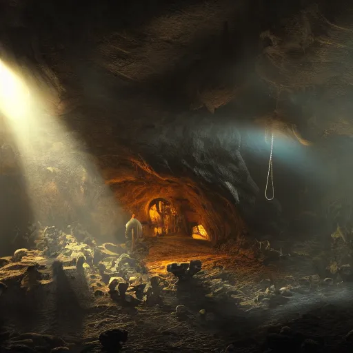 Image similar to a cave filled with pirate treasure, sunlight coming in from a crack in the cave ceiling, skeleton remains laying on the floor, digital art, trending on artstation, 4k, atmospheric