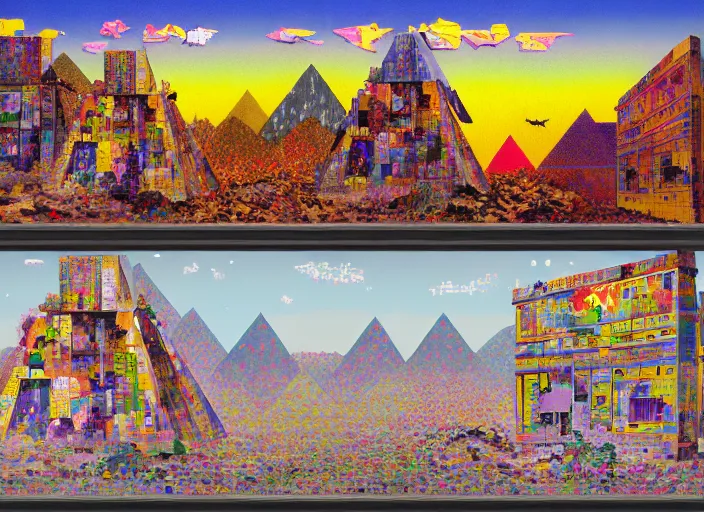 Image similar to pixel art, decollage, dumpster with colorful huge baroque trash can, montain view landscape with a semitranslucent inverted floral pyramids, opaque shattered windows and twisted porcelain bats, in a golden sunset sky, by adrian ghenie, francis bacon, daniel richter and hilma af klint, extremely detailed, graffiti letters, children painting, amateur, 8k