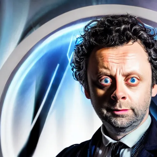 Image similar to a full body photograph of michael sheen as'doctor who ', time vortex in the background, detailed face, symmetrical face, extreme realism and detail, 8 k, completely framed, direct lighting, 3 5 mm photo, photorealistic, sharp focus