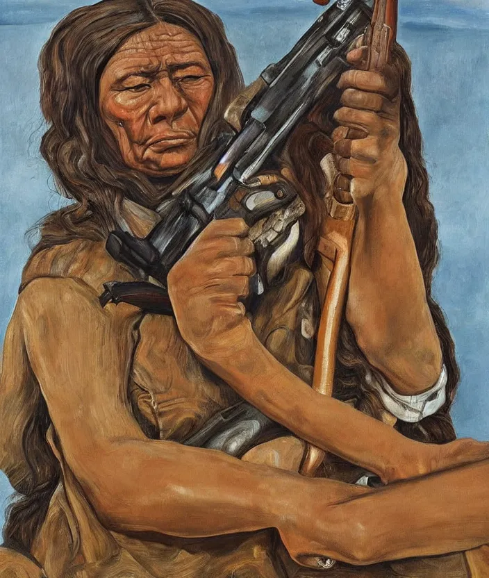 Image similar to indigenous woman with a gun, painted by lucian freud, hd, super detailed, realistic, muted colors