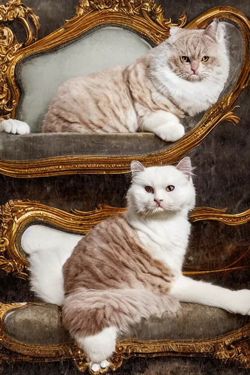 Image similar to a wet plate photo portrait of a magnificent fluffy fat royal cat on an embroidered velvet cushion on a neo - rococo gilded little bed, by david lachapelle, photorealistic, photography, wide shot