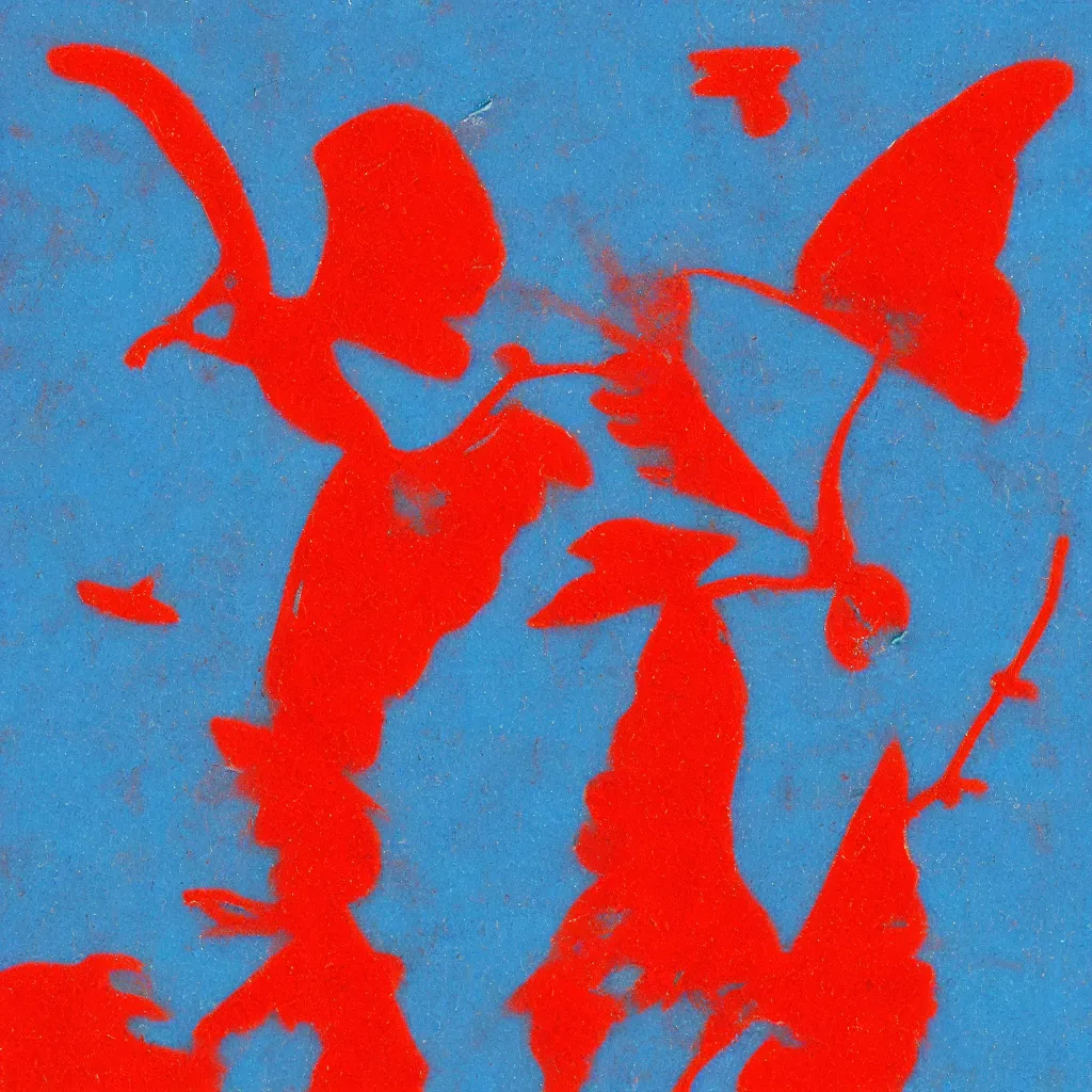 Prompt: red angel on blue background, chromostereopsis