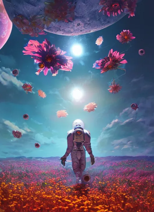 Image similar to An epic fantastic realism comic book style painting of the most beautiful flowers launched into space, bouquets, solar eclipse, fisheye, unreal 5, DAZ, hyperrealistic, octane render, dynamic lighting