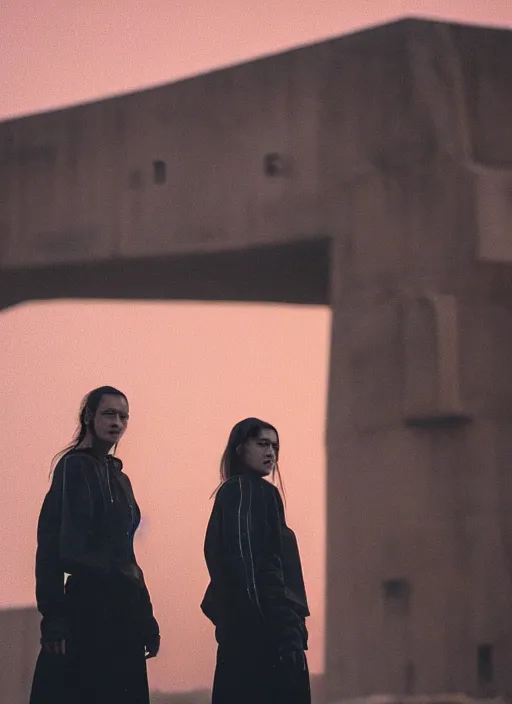 Image similar to cinestill 5 0 d photographic portrait of two loving female androids wearing rugged black techwear on a desolate plain with a red sky, standing in front of a brutalist structure, extreme closeup, cyberpunk style, dust storm, 8 k, hd, high resolution, 3 5 mm, f / 3 2, ultra realistic faces, ex machina